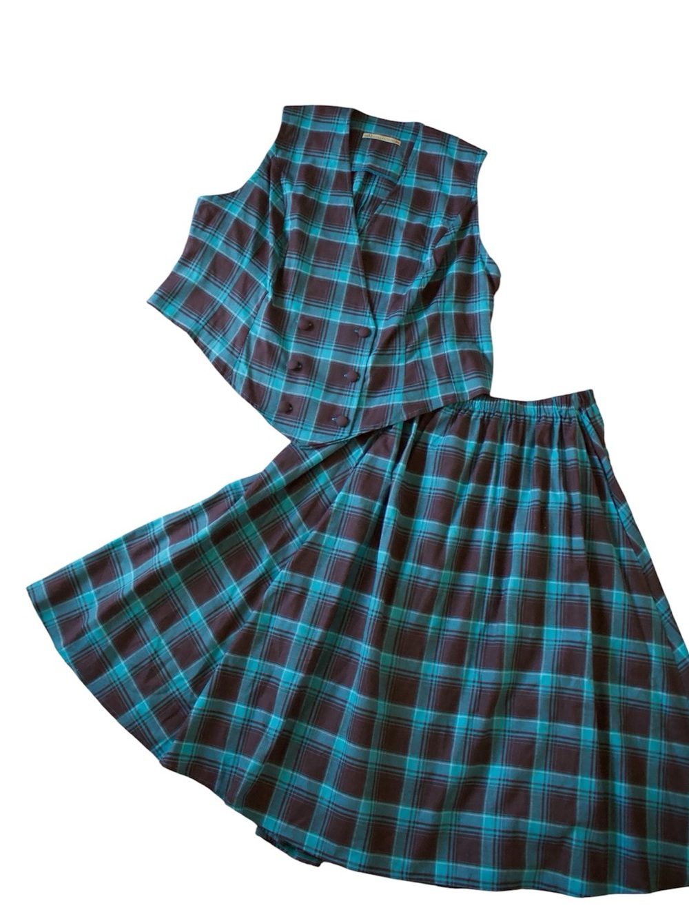 Recollections Turquoise and Black Plaid Two-Piece Set - Vest & Skirt